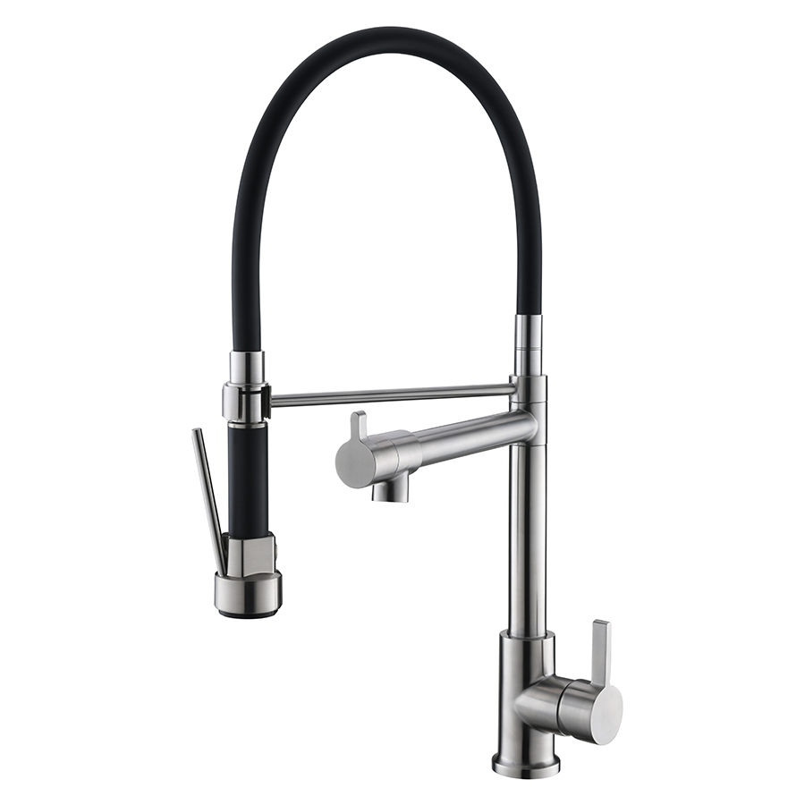 Thun Long Neck Brushed Nickel and Black Pull down Three Handle Kitchen Faucet Supply